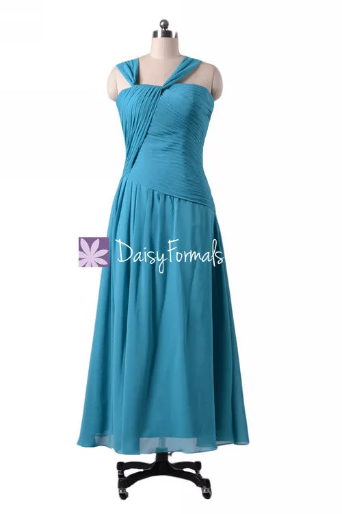 Green-Blue Chiffon Bridesmaid Dress Long Turquoise One Shoulder Strap Evening Dress(BM124)