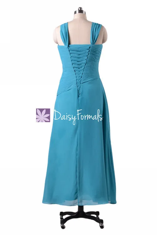 Green-Blue Chiffon Bridesmaid Dress Long Turquoise One Shoulder Strap Evening Dress(BM124)