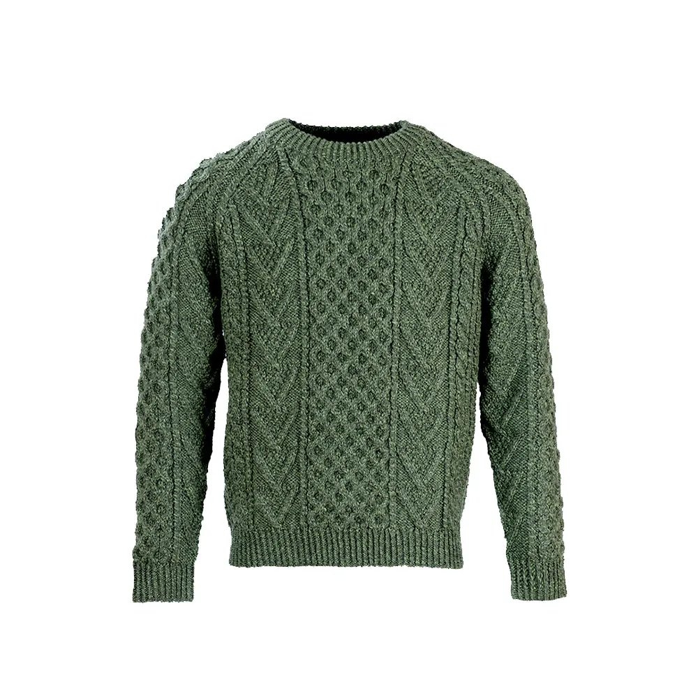 Green Unisex Hand Knit Crew Neck Aran Sweater