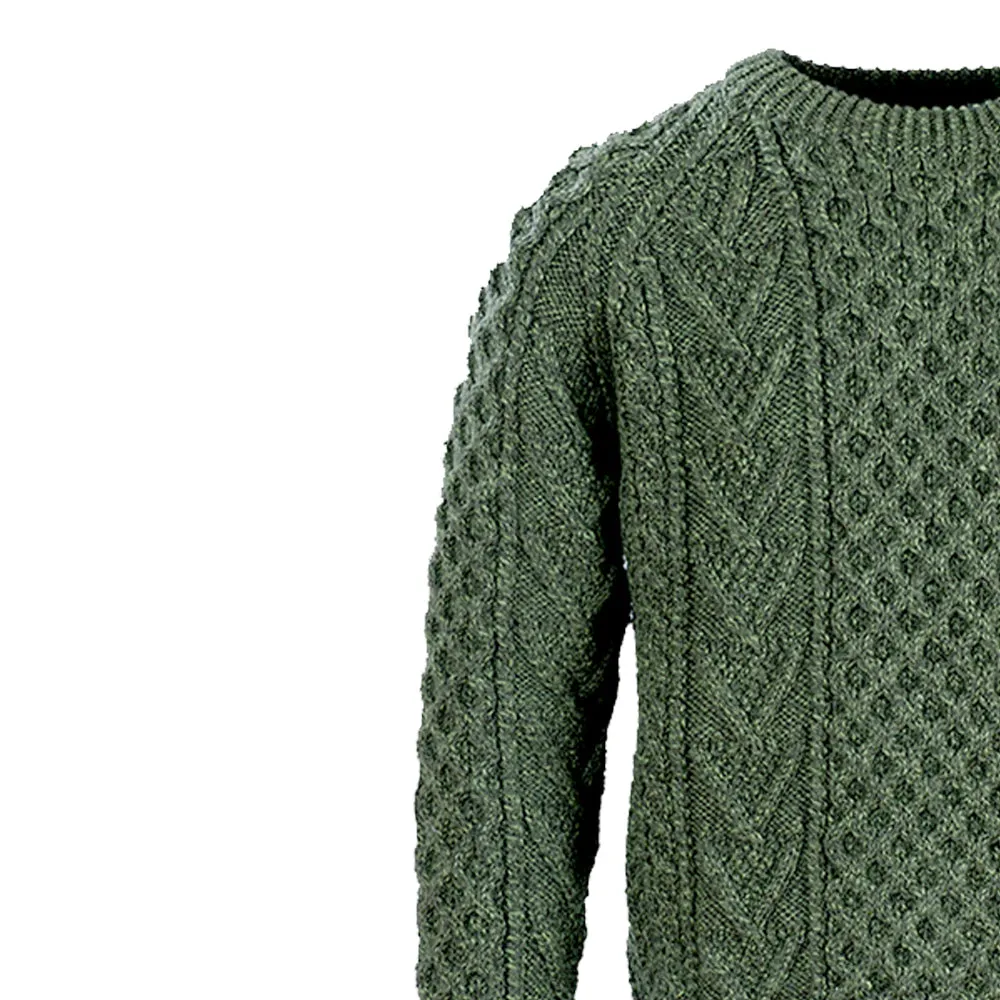 Green Unisex Hand Knit Crew Neck Aran Sweater