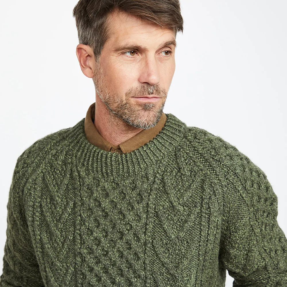 Green Unisex Hand Knit Crew Neck Aran Sweater