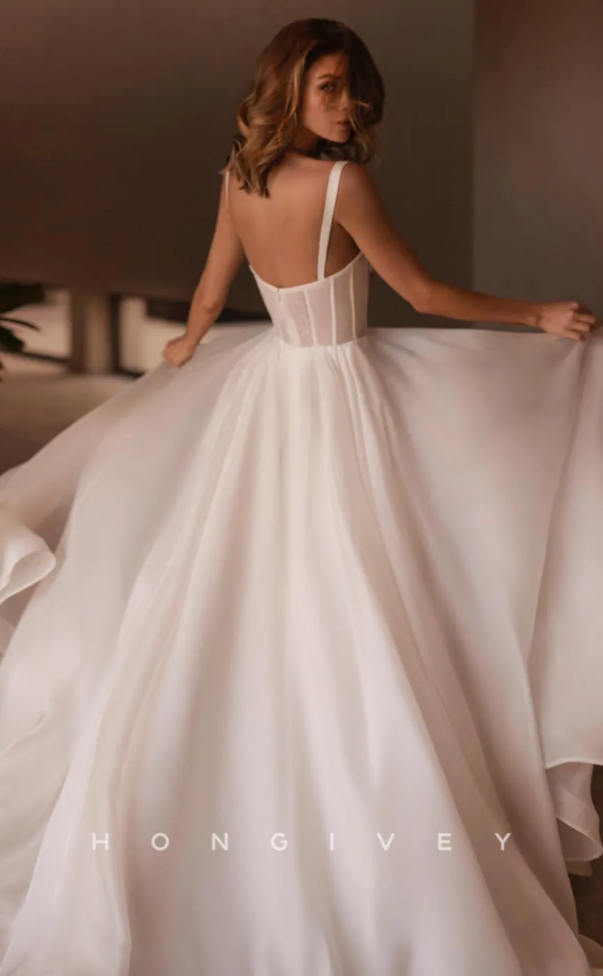 H0877 - Sheer Crystal Beaded Ruched Open Back With Train Wedding Dress