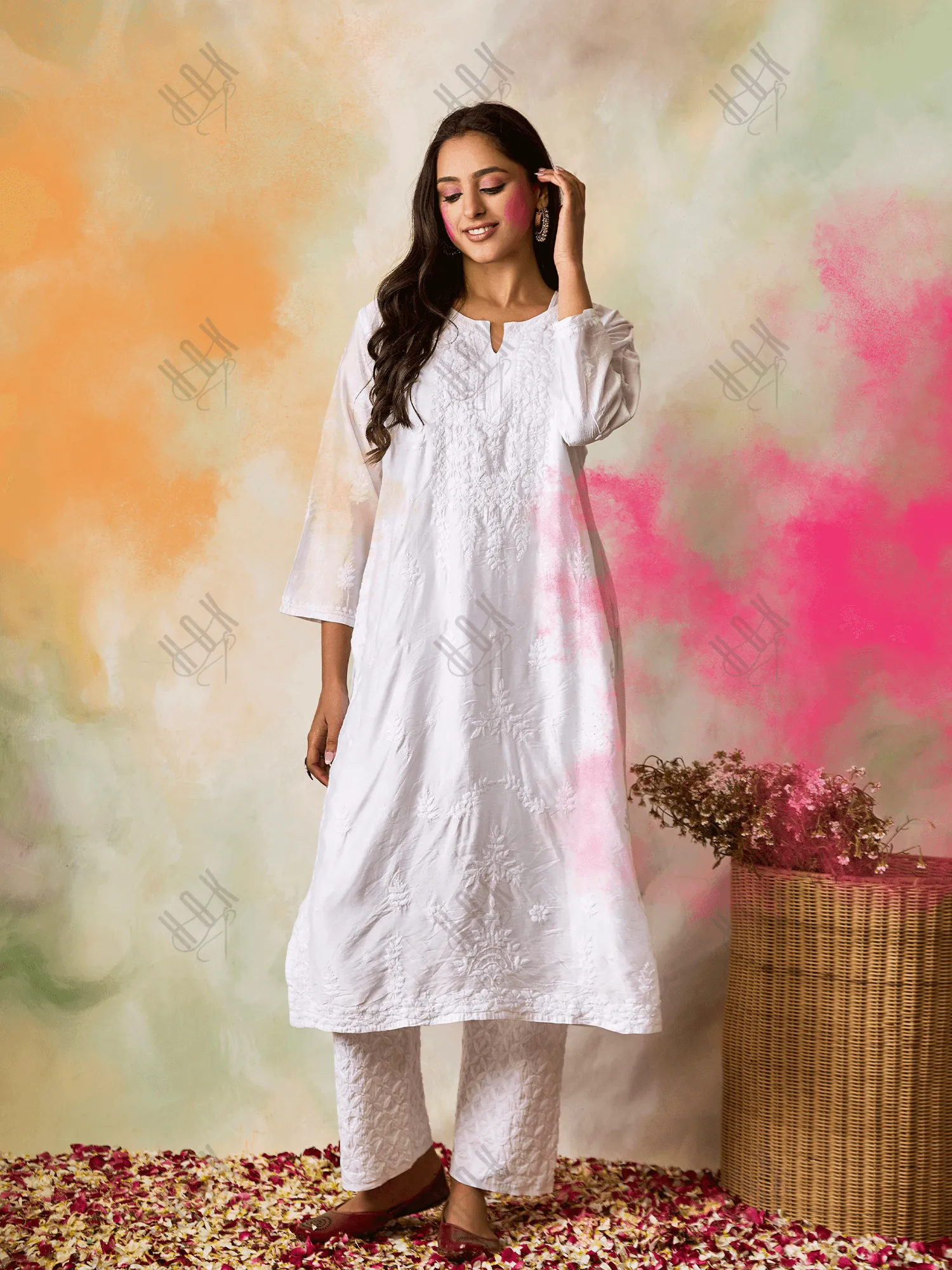 Hand Embroidery Chikankari Long Kurti for Women In Chanderi Silk  White-6