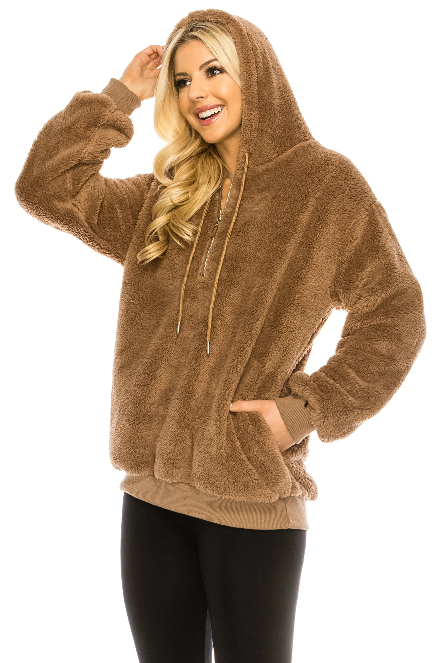 Haute Edition Women's Colorblock and Solid 1/4 Zip Sherpa Hoodie