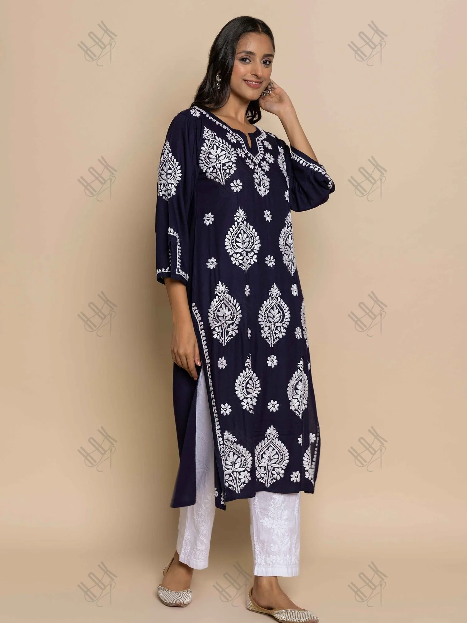 Himani in Fizaa Chikankari Kurta in Rayon Cotton Notch Neck Navy blue