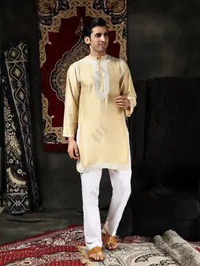 HOK Men's Chikankari Kurta in Chanderi Silk - Beige