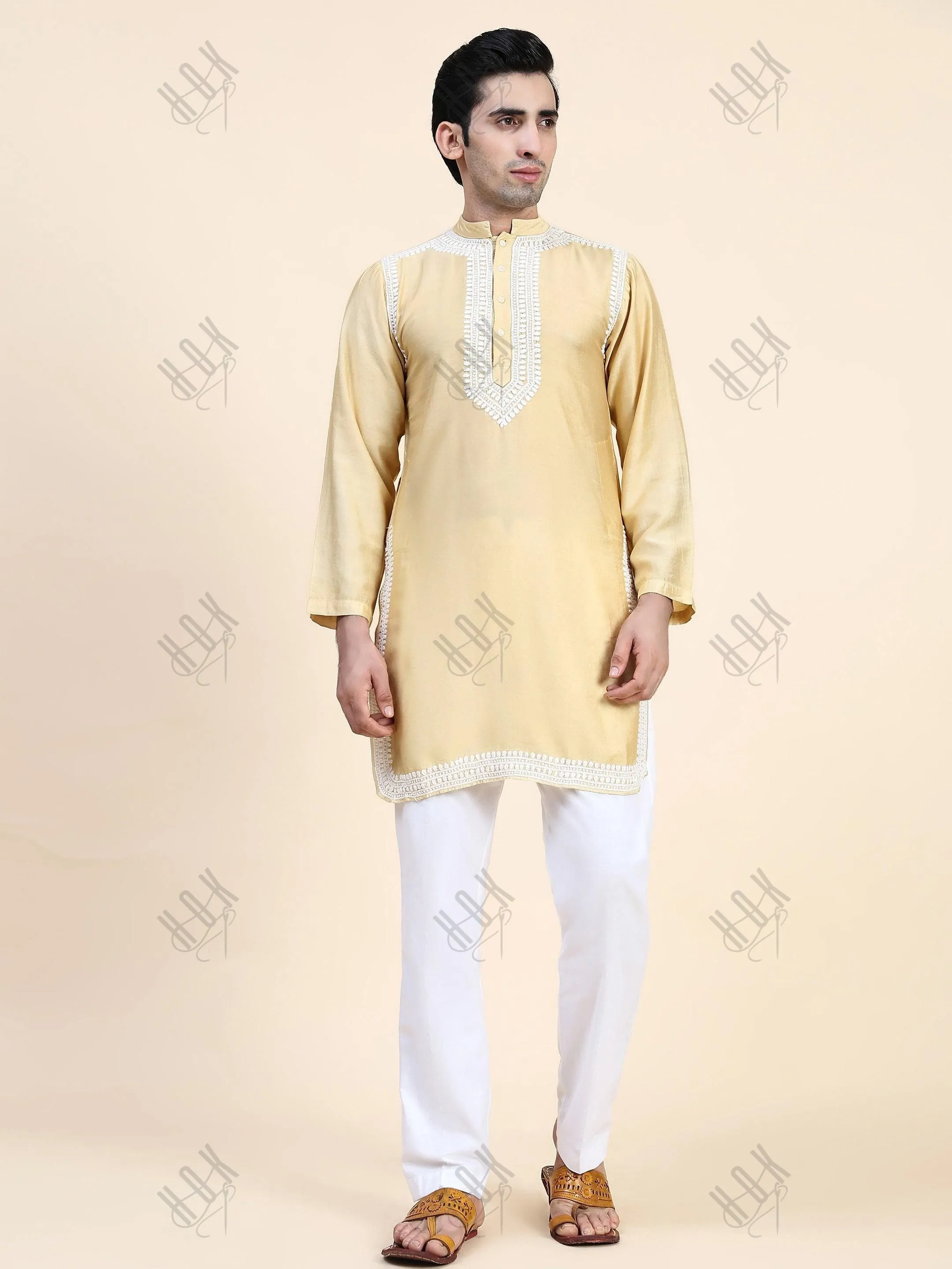 HOK Men's Chikankari Kurta in Chanderi Silk - Beige