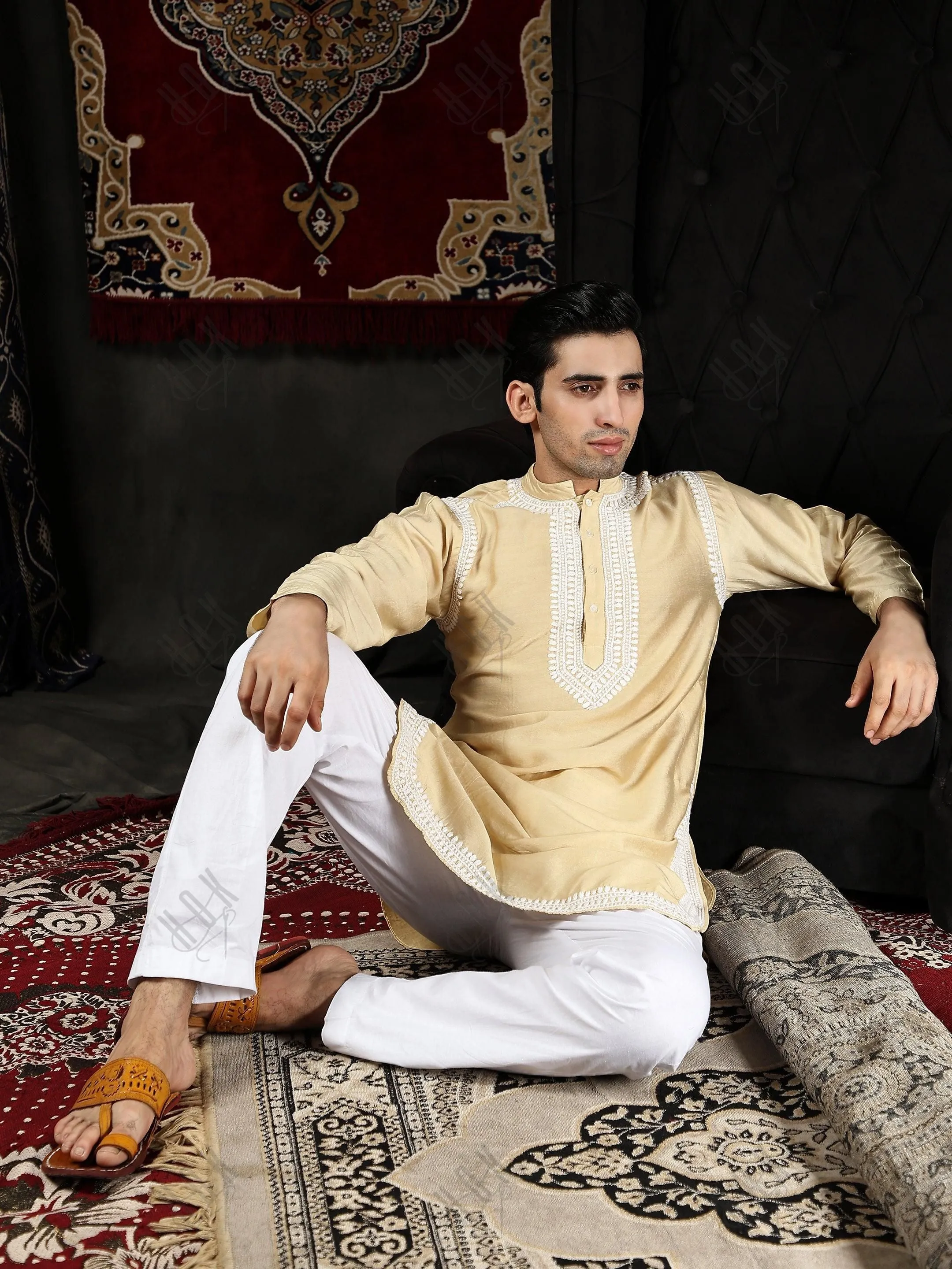 HOK Men's Chikankari Kurta in Chanderi Silk - Beige