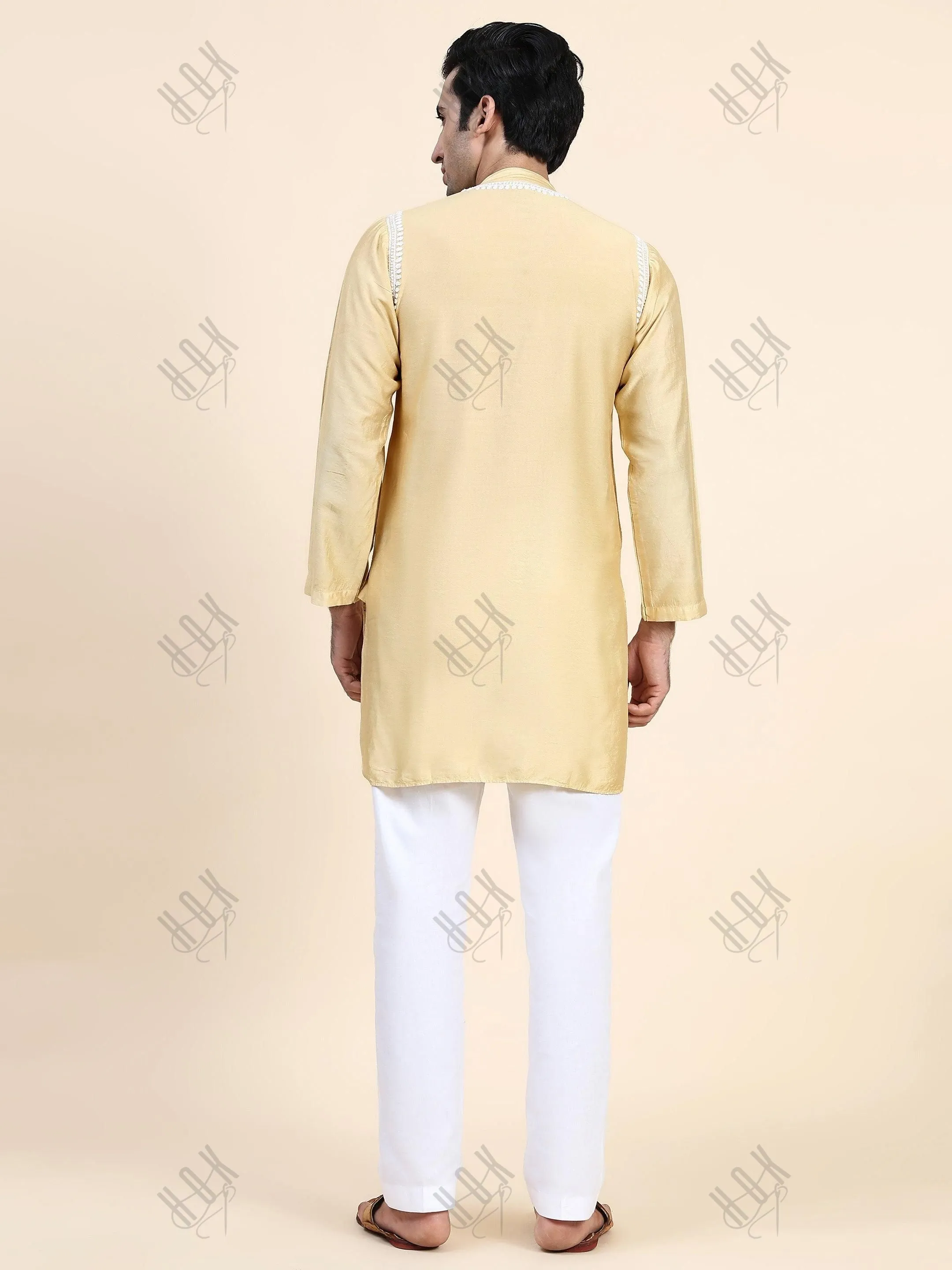 HOK Men's Chikankari Kurta in Chanderi Silk - Beige