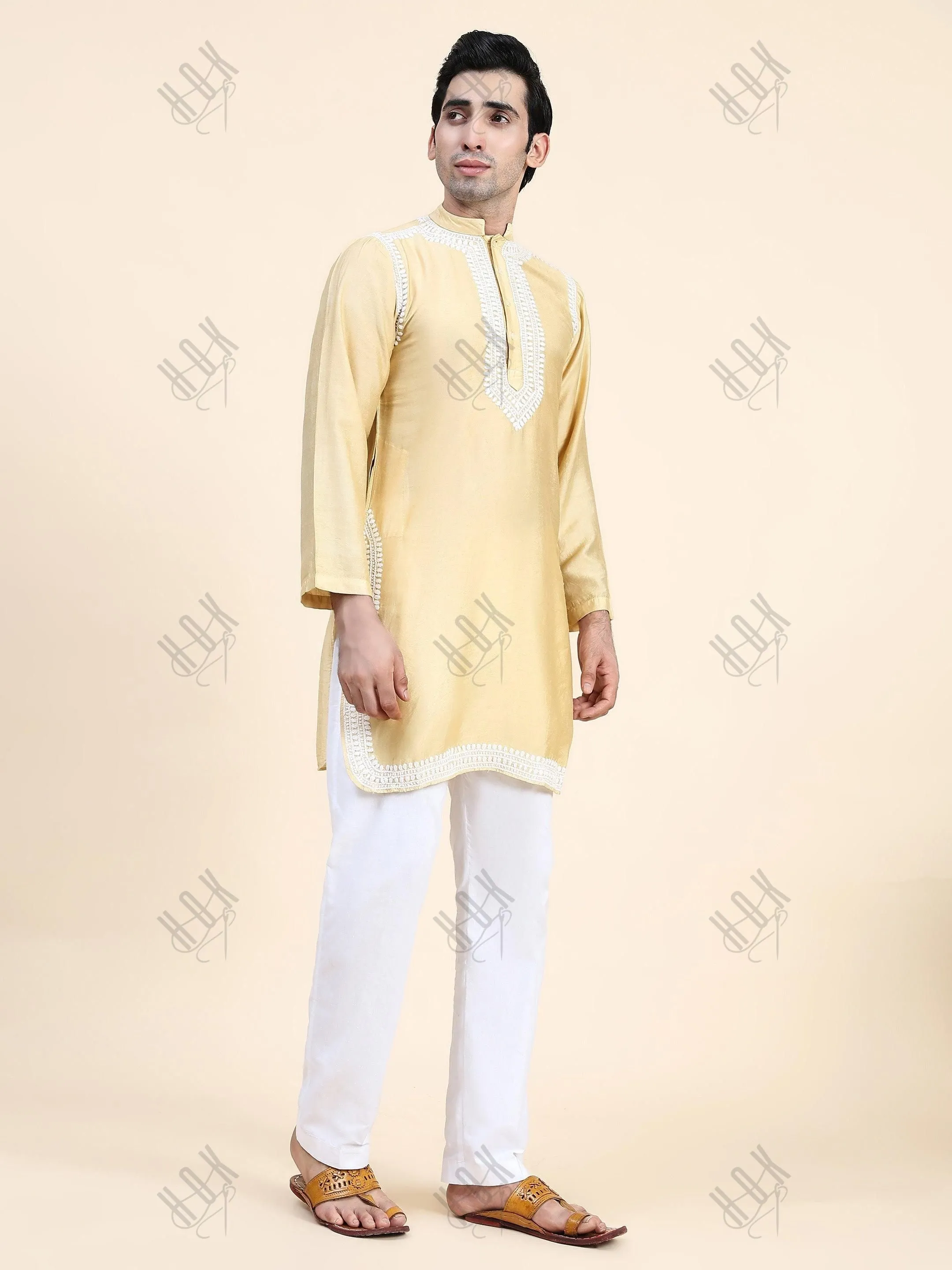 HOK Men's Chikankari Kurta in Chanderi Silk - Beige