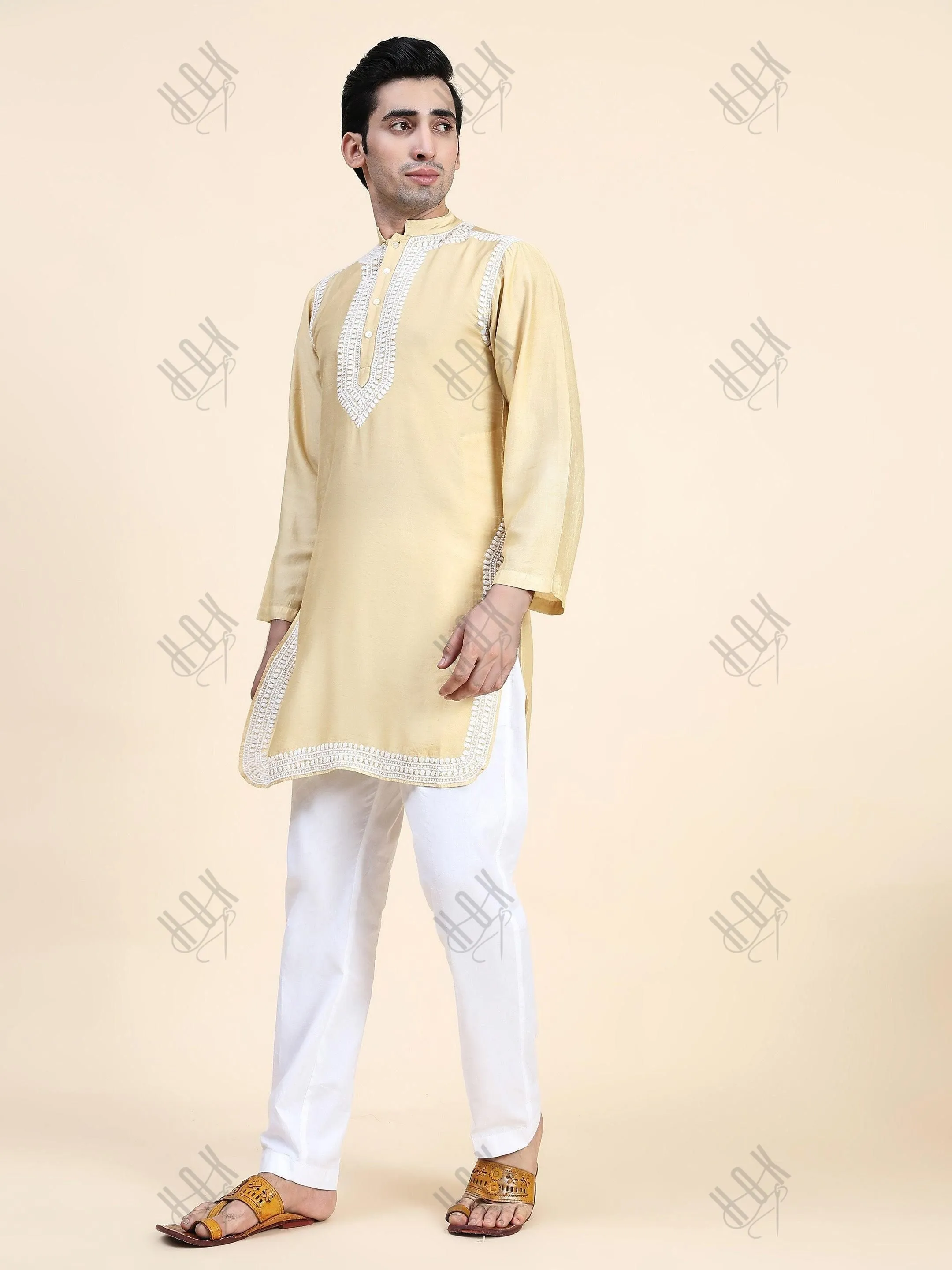 HOK Men's Chikankari Kurta in Chanderi Silk - Beige