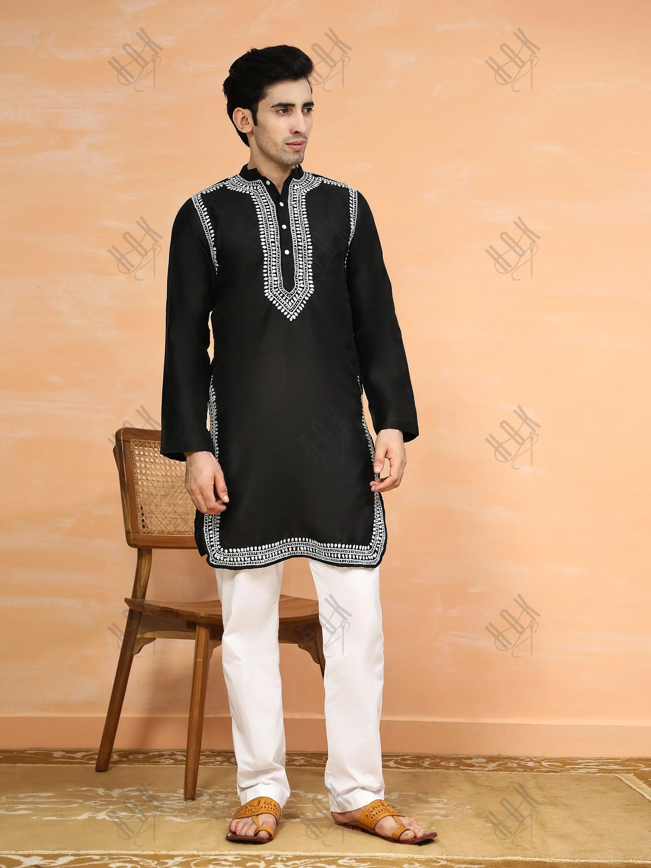 HOK Men's Chikankari Kurta in Chanderi Silk - Black