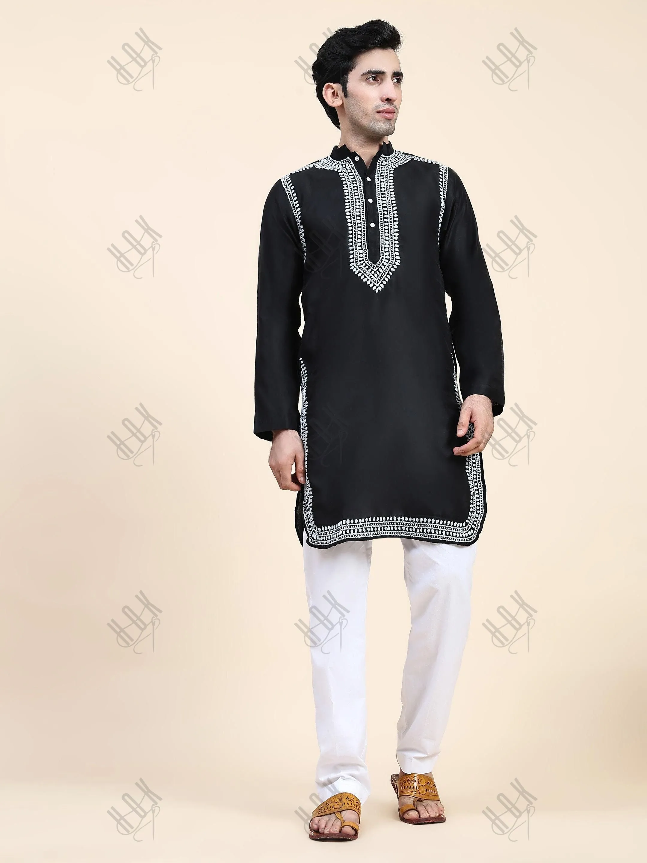 HOK Men's Chikankari Kurta in Chanderi Silk - Black