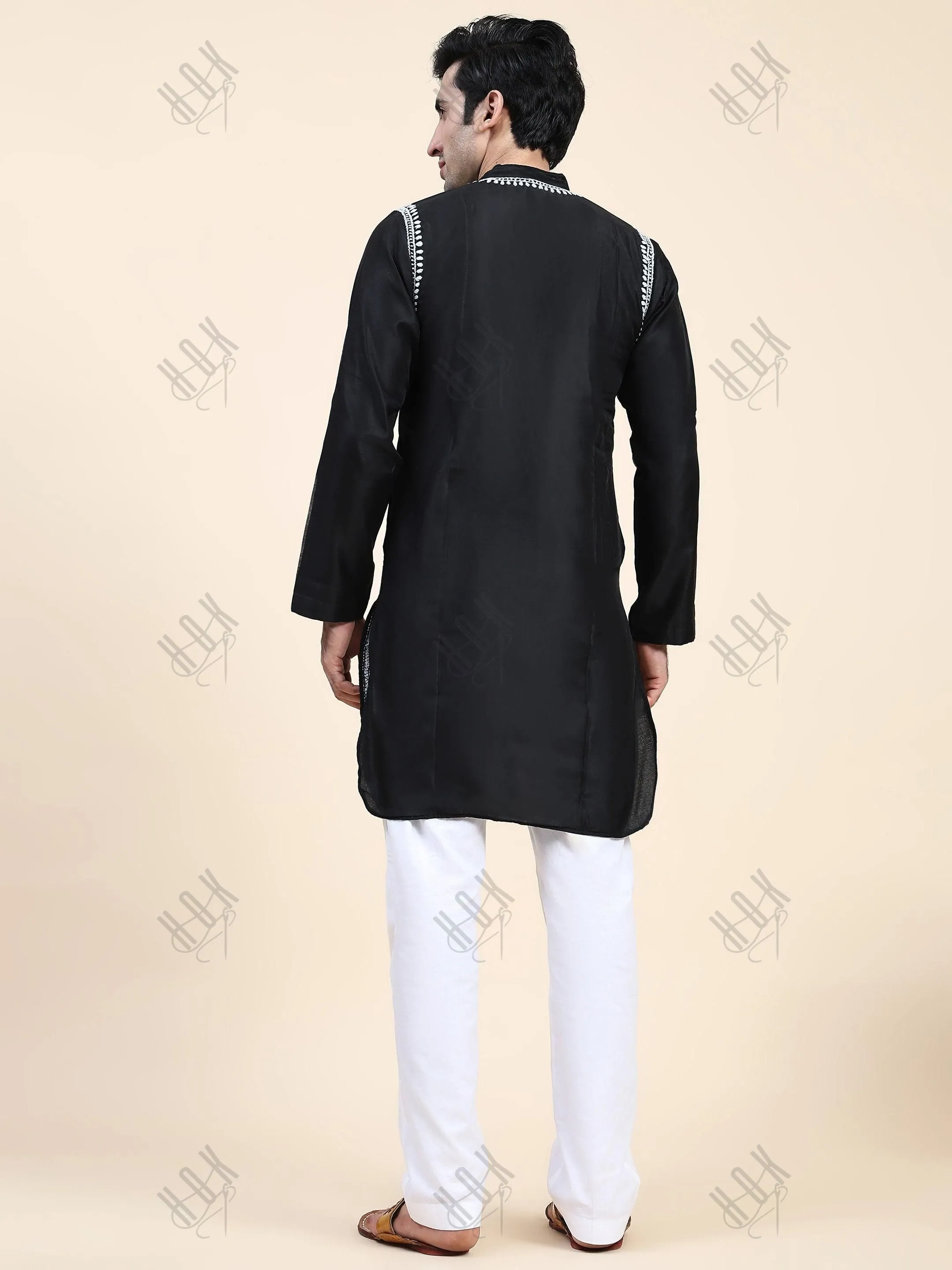 HOK Men's Chikankari Kurta in Chanderi Silk - Black