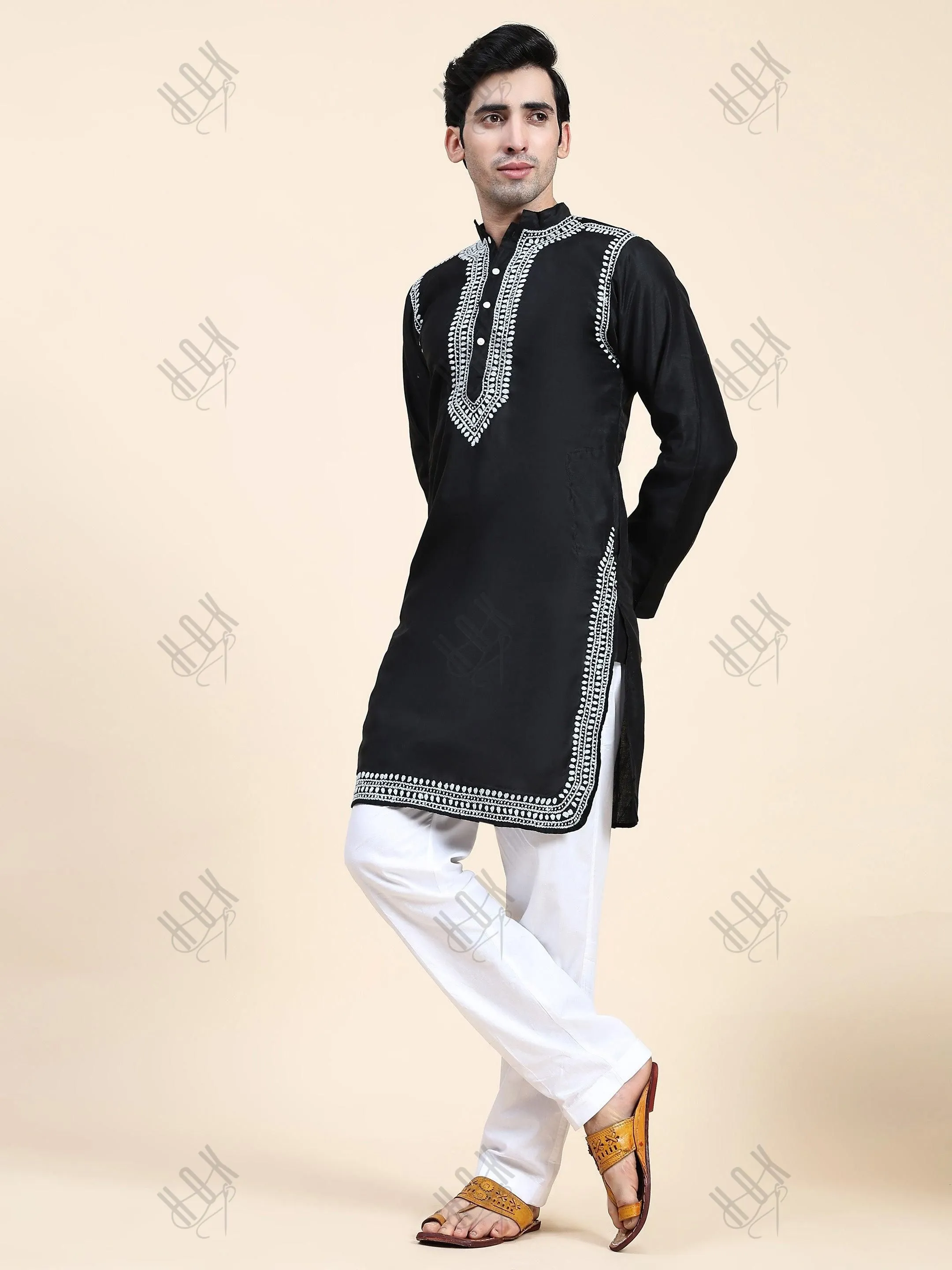 HOK Men's Chikankari Kurta in Chanderi Silk - Black