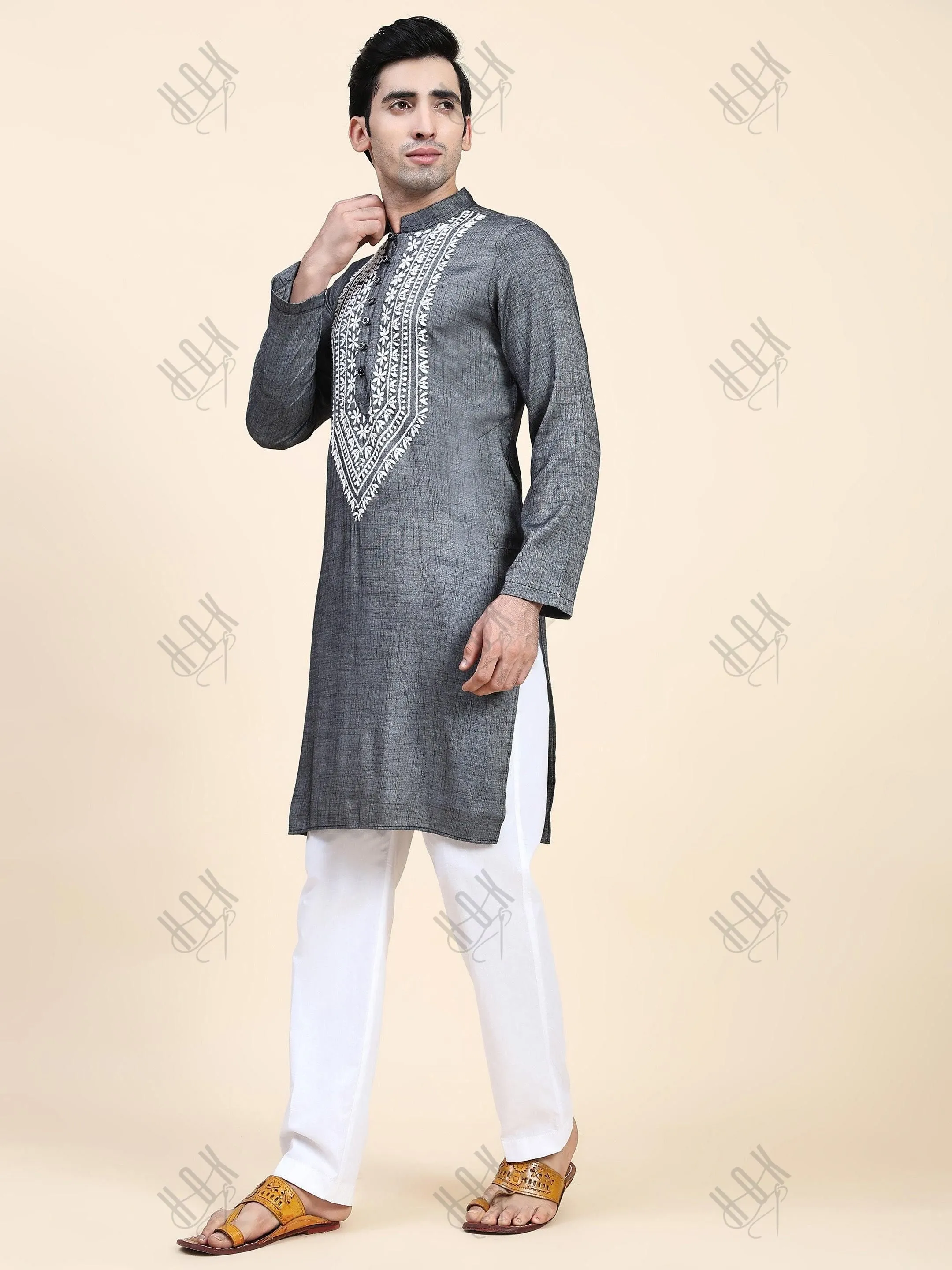 HOK Men's Chikankari Kurta in Cotton Silk Blend - Grey