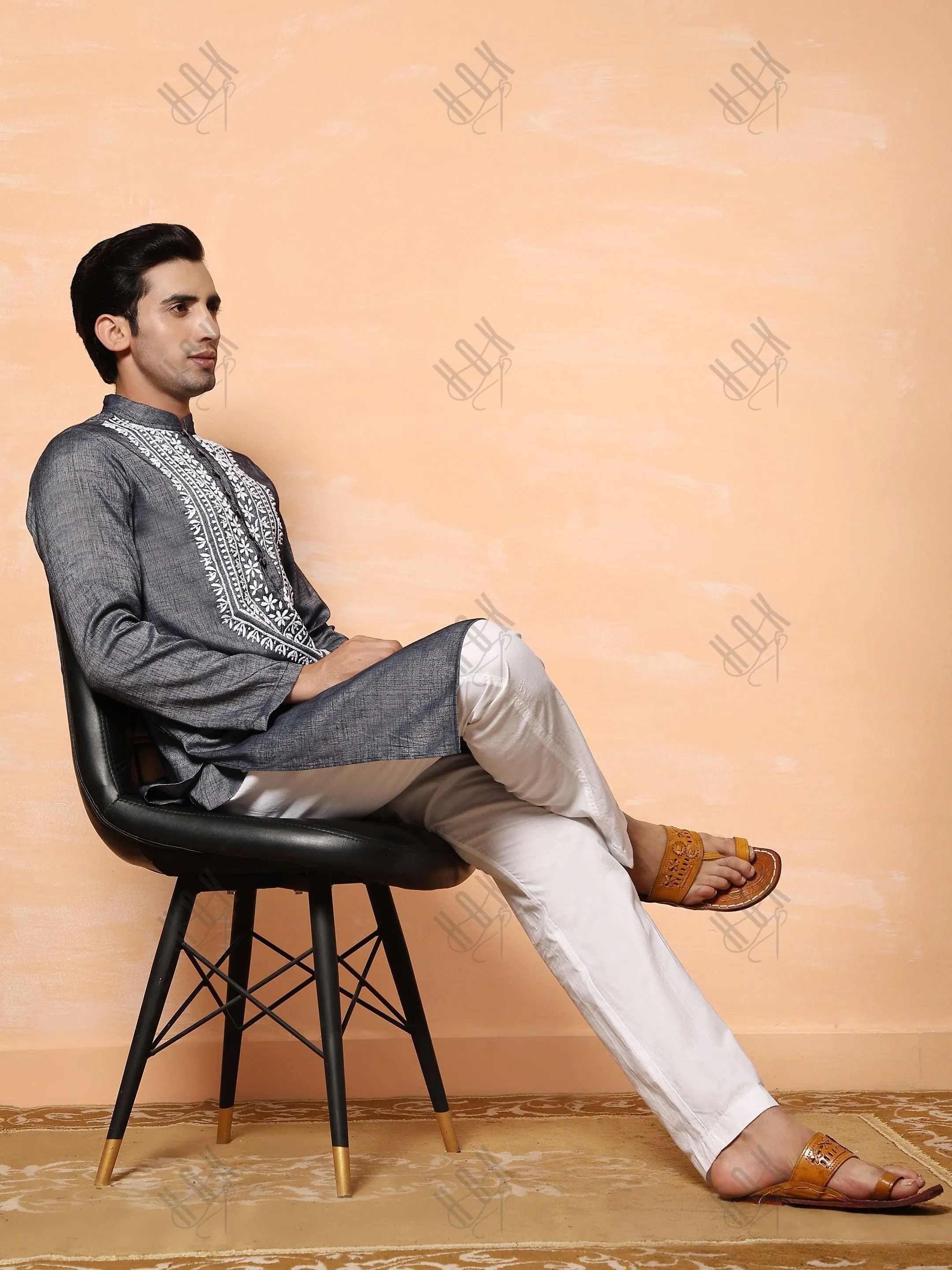 HOK Men's Chikankari Kurta in Cotton Silk Blend - Grey