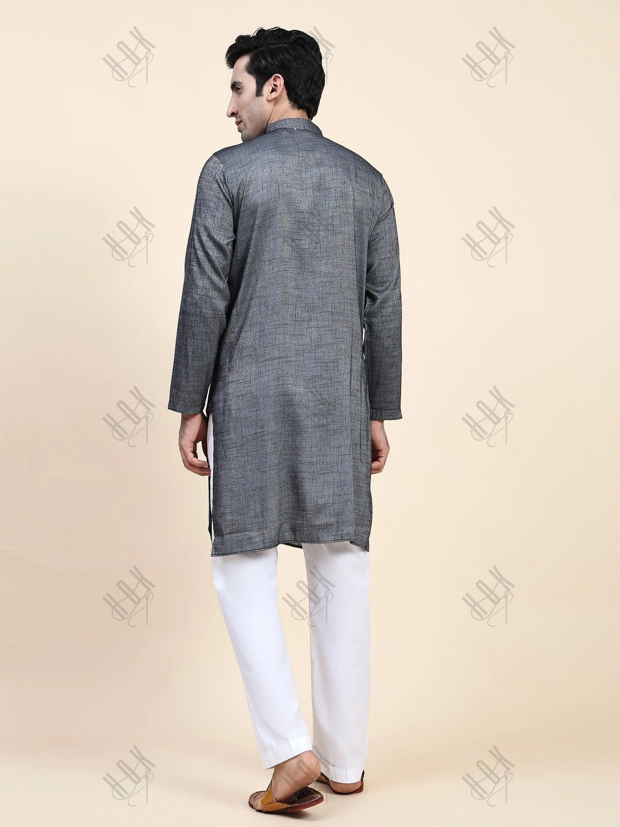 HOK Men's Chikankari Kurta in Cotton Silk Blend - Grey