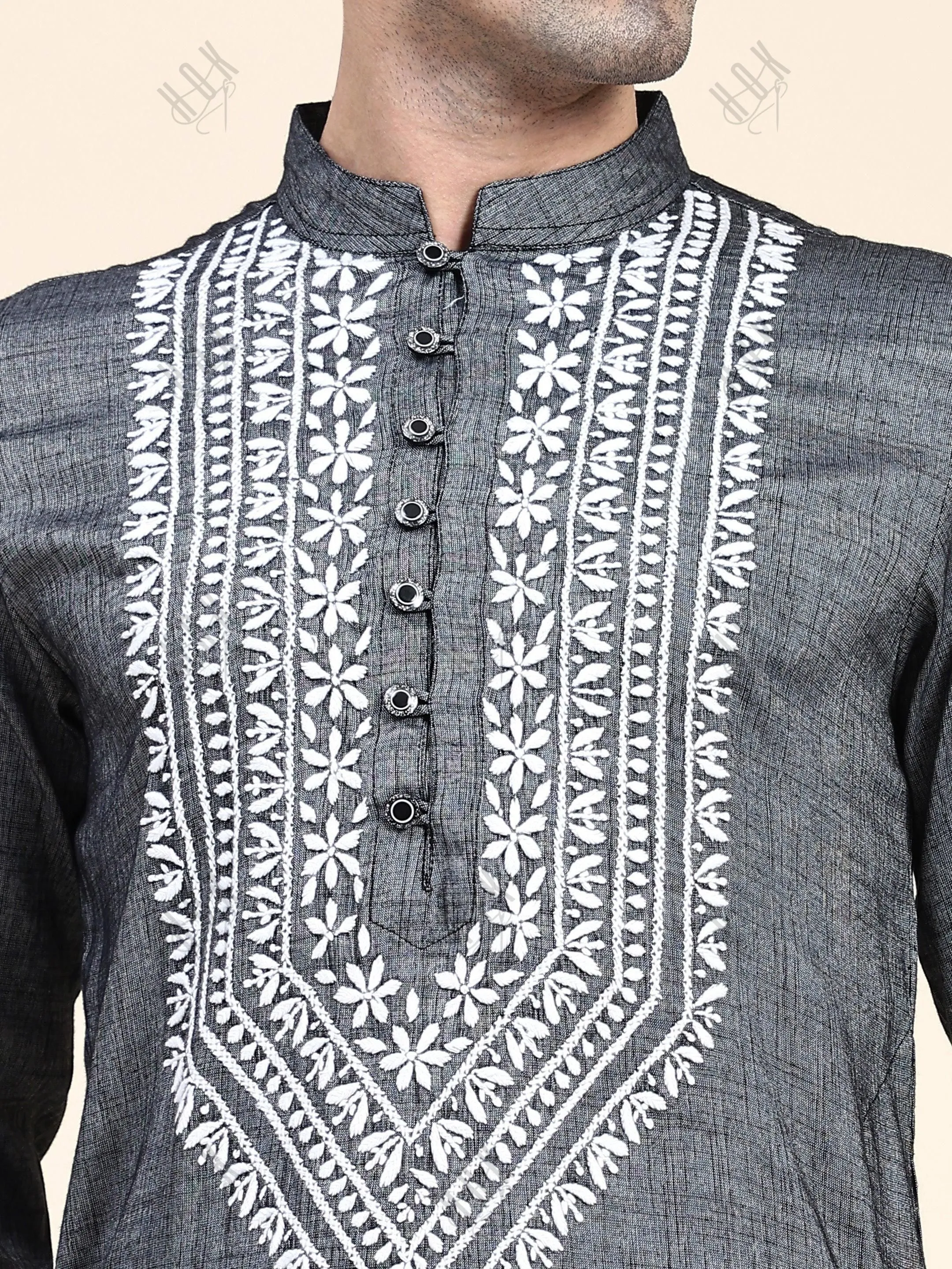 HOK Men's Chikankari Kurta in Cotton Silk Blend - Grey