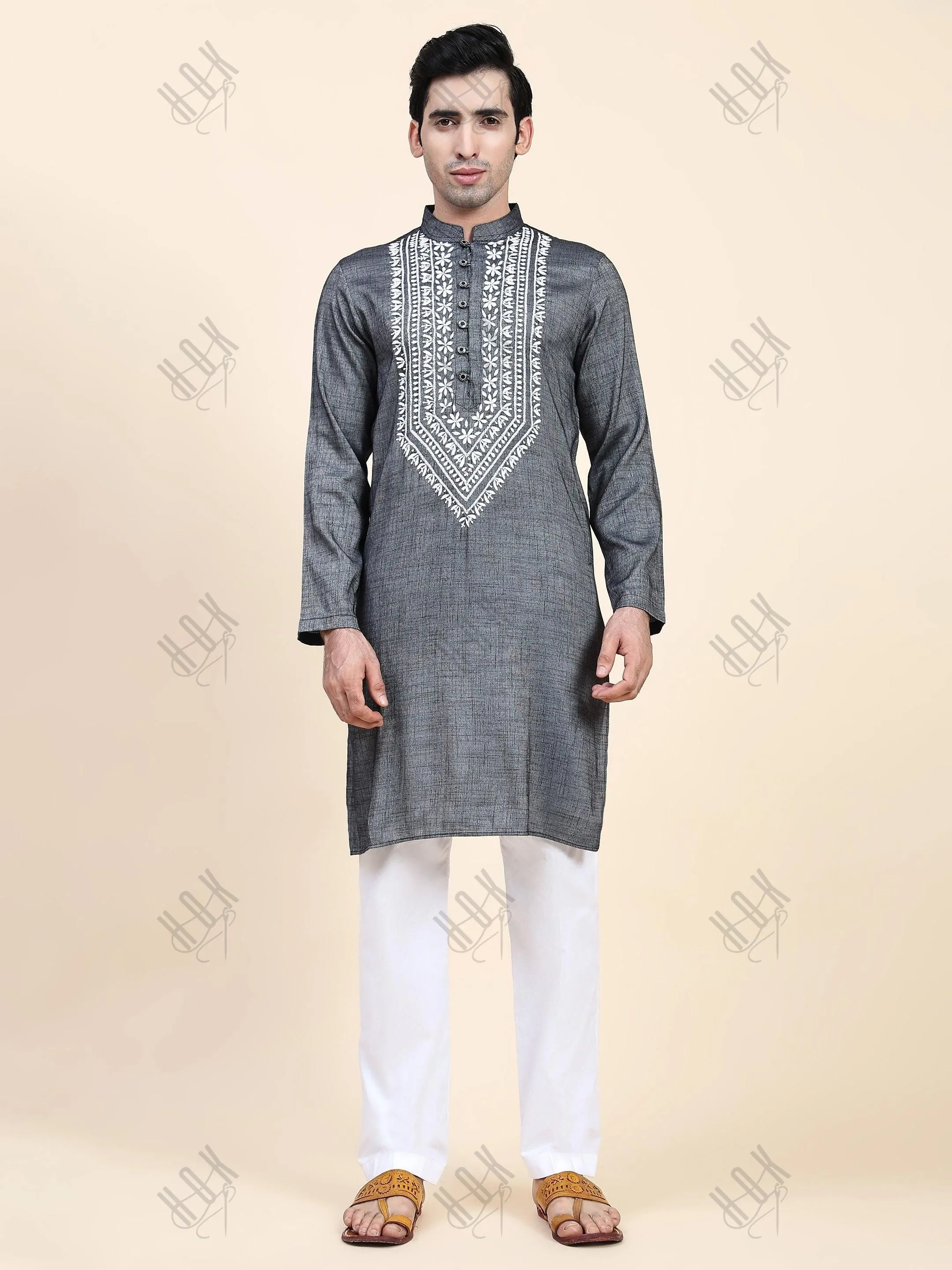 HOK Men's Chikankari Kurta in Cotton Silk Blend - Grey