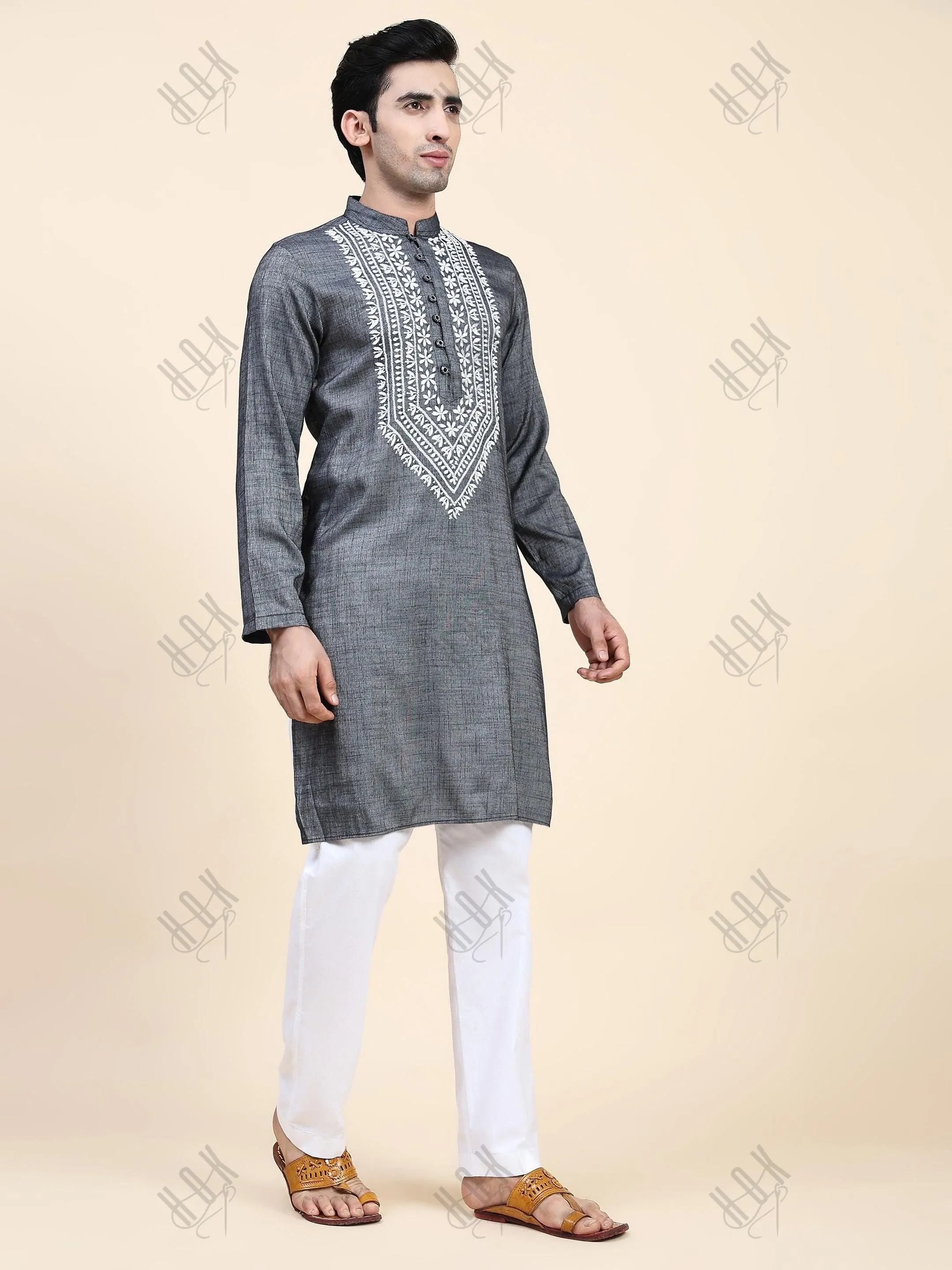 HOK Men's Chikankari Kurta in Cotton Silk Blend - Grey