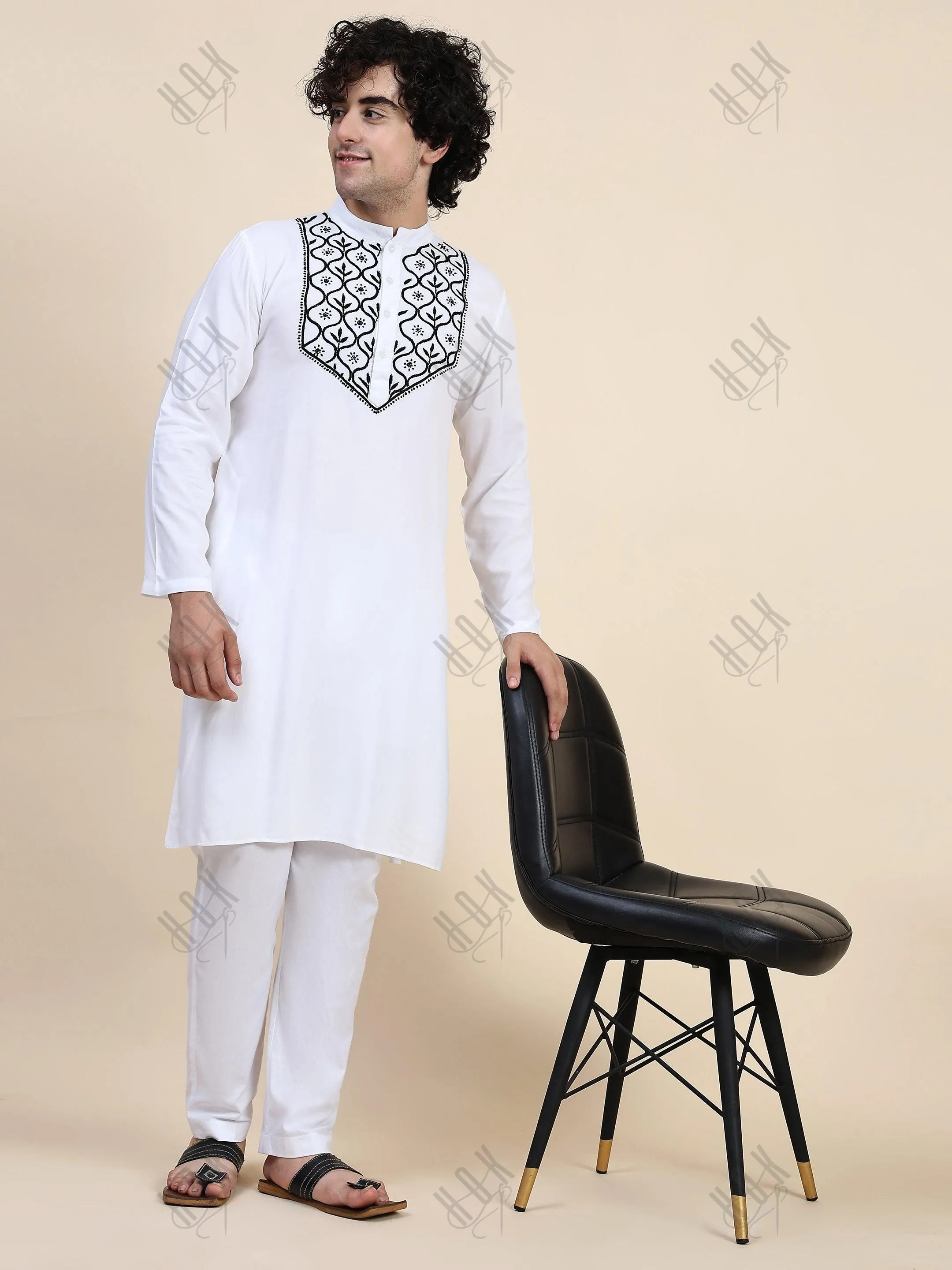 HOK Men's Chikankari Kurta in Rayon Cotton - White