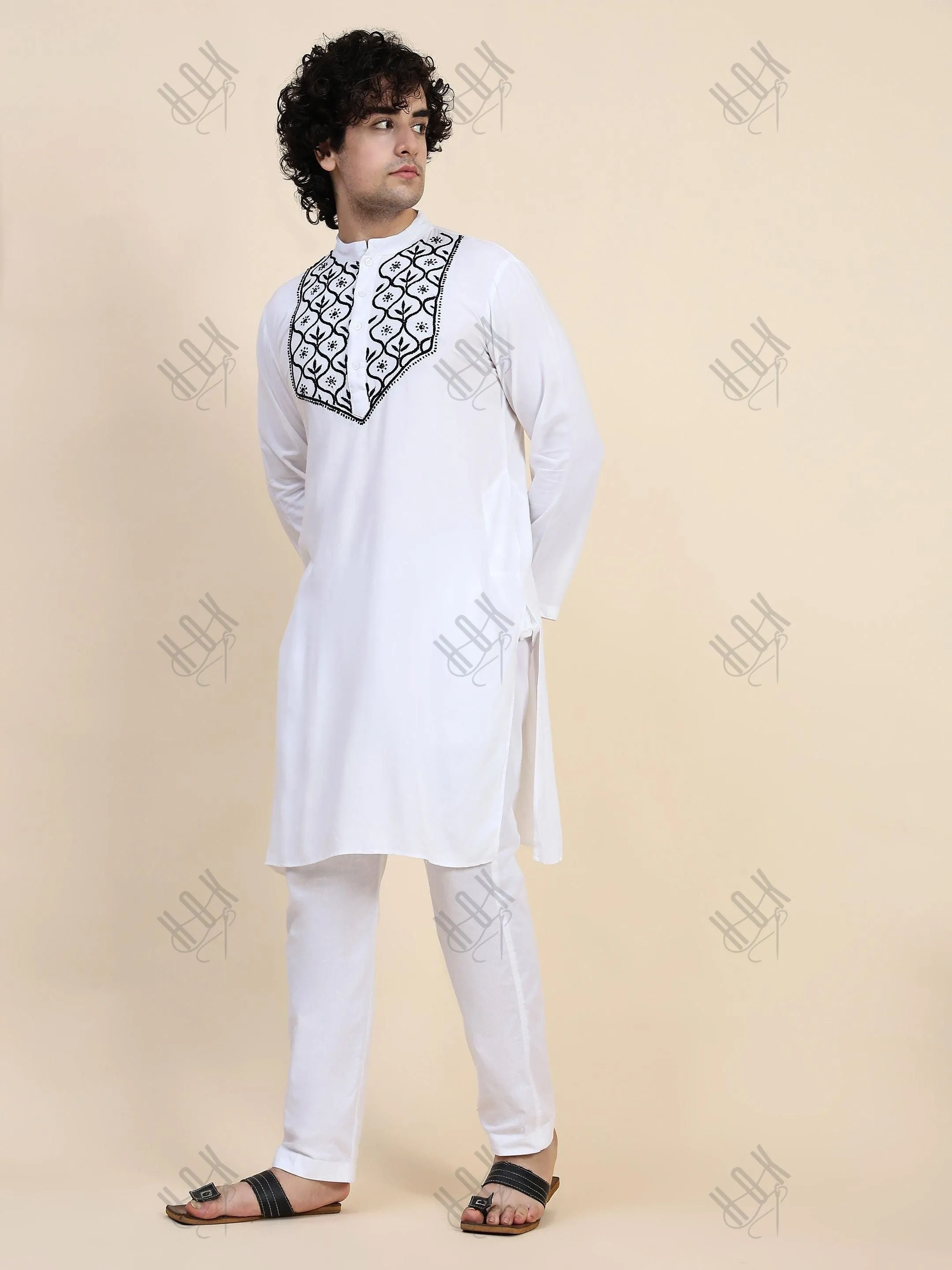 HOK Men's Chikankari Kurta in Rayon Cotton - White