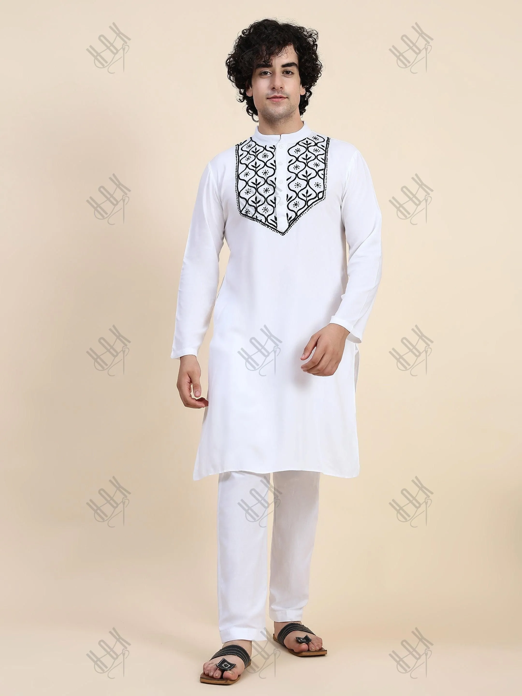 HOK Men's Chikankari Kurta in Rayon Cotton - White