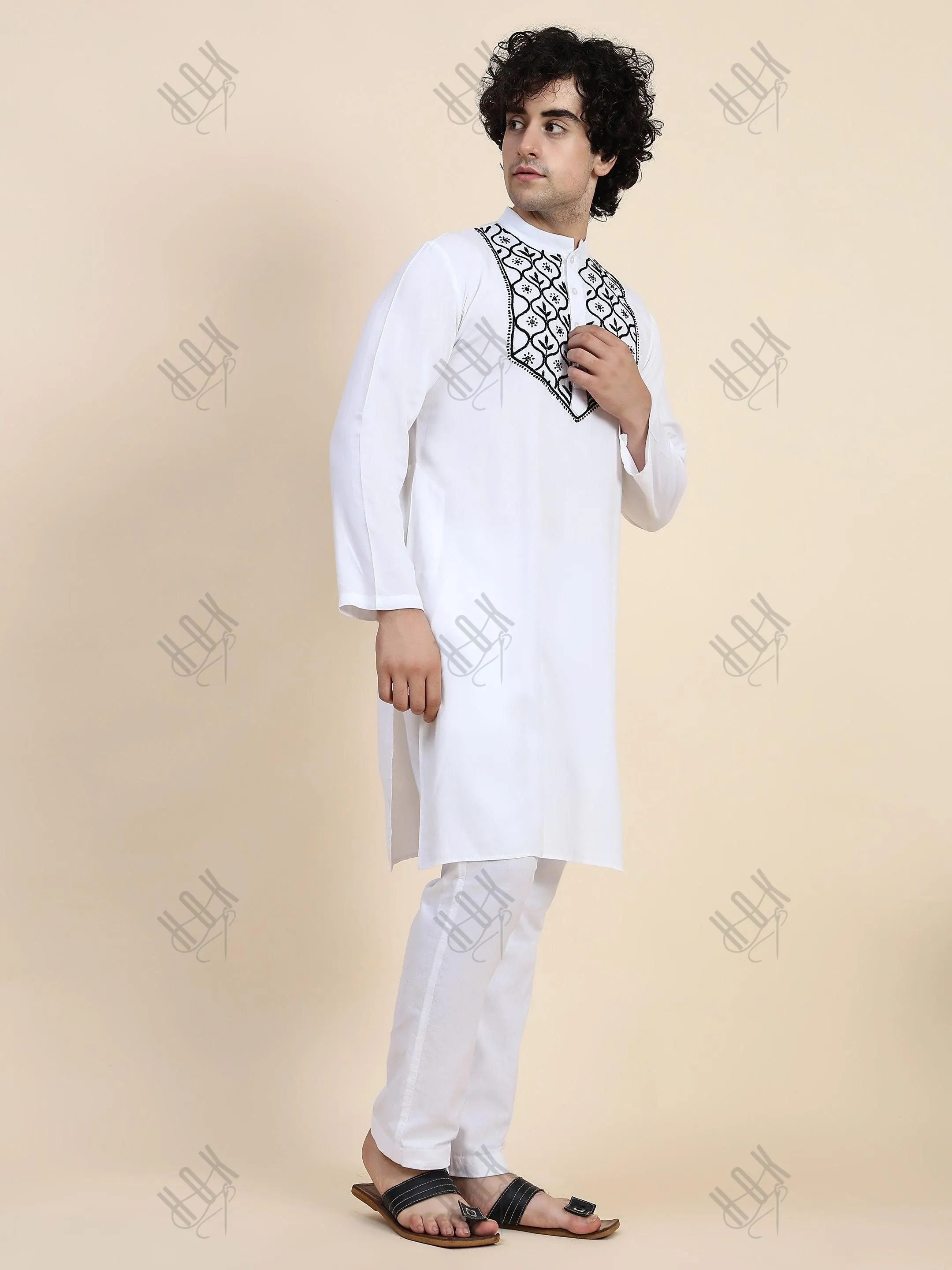 HOK Men's Chikankari Kurta in Rayon Cotton - White