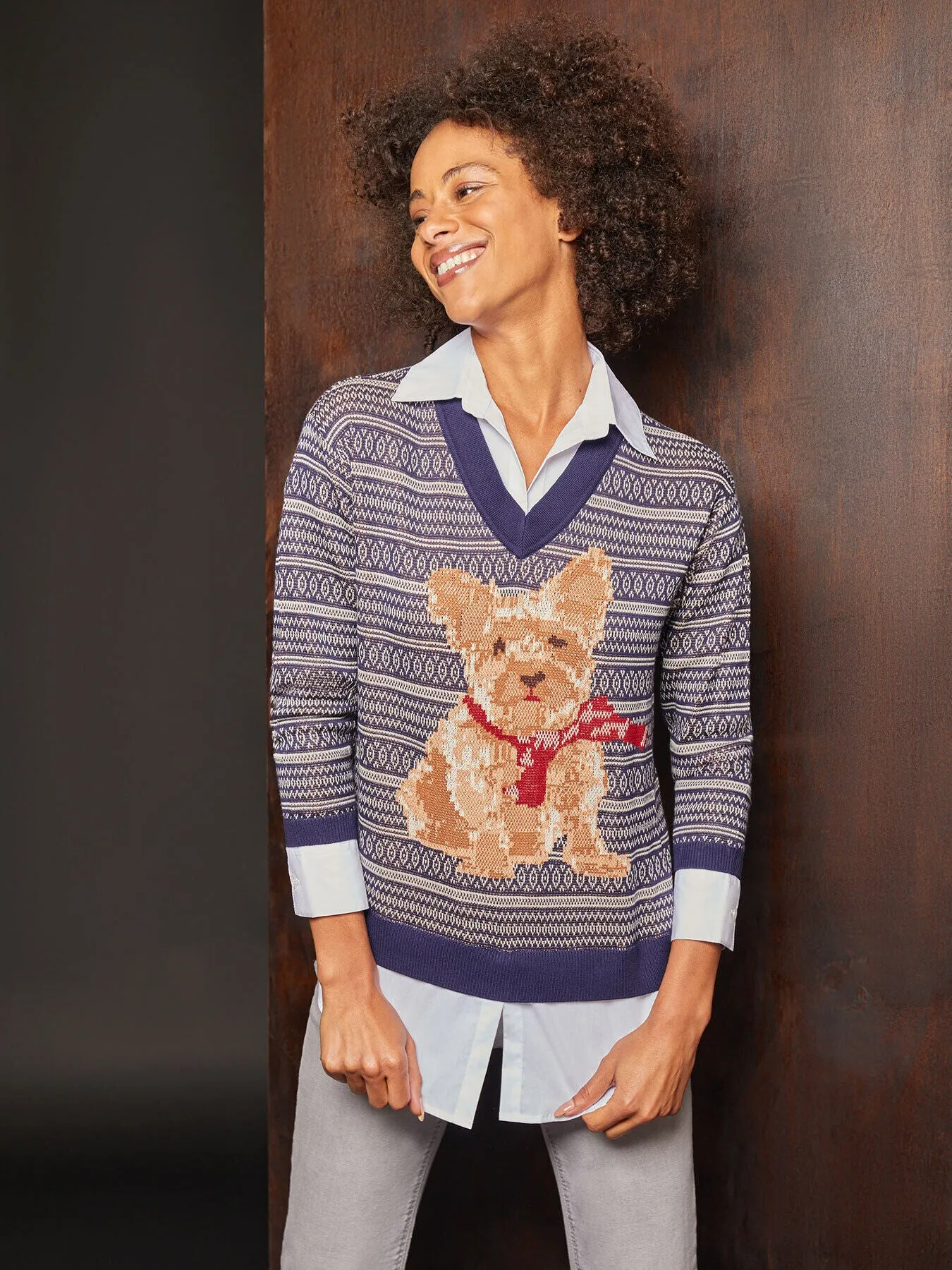 Holiday Dog V-Neck Sweater