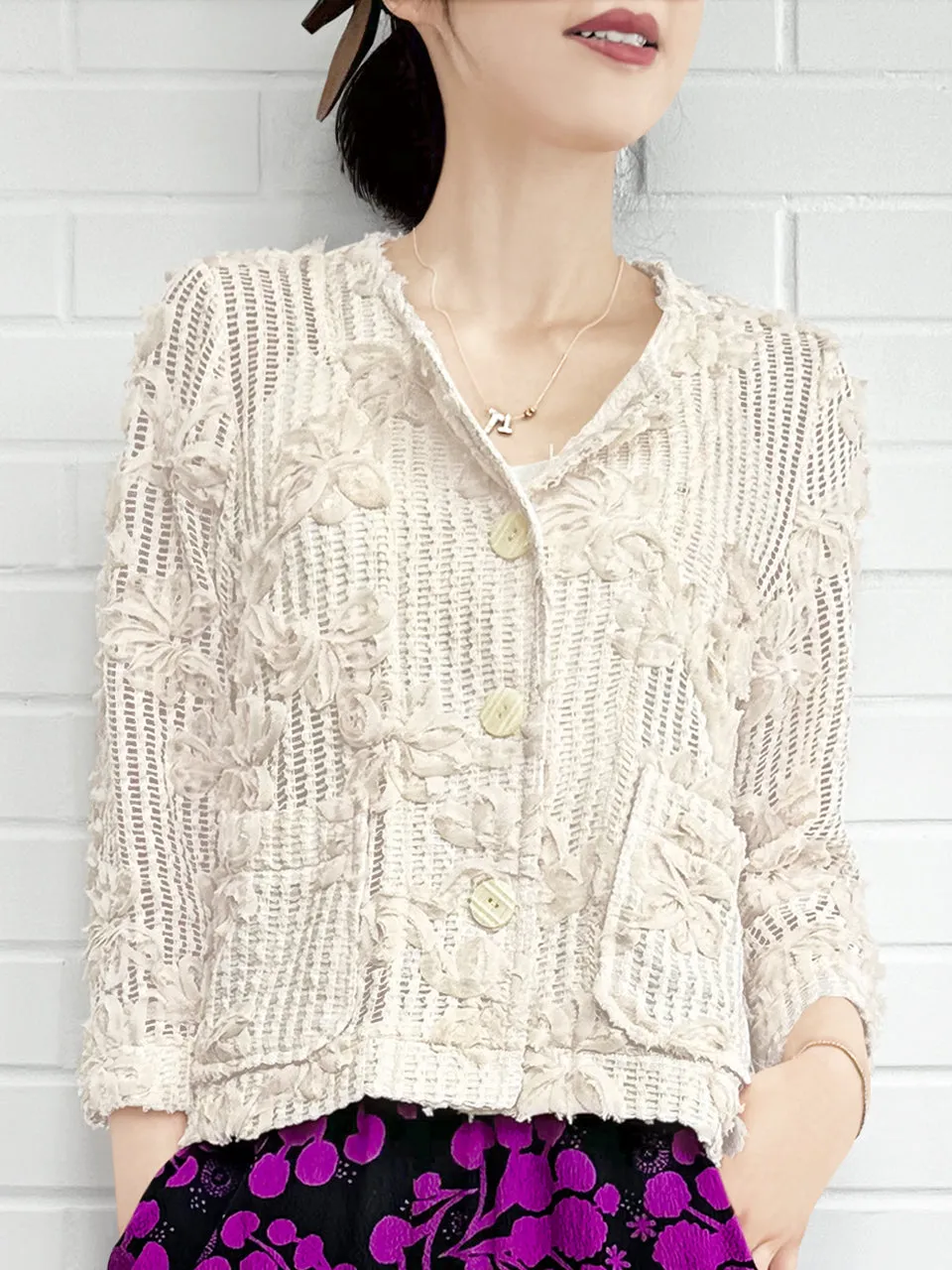 Ivory Flower Motif Knitted Square Lace Slim Fit Jacket