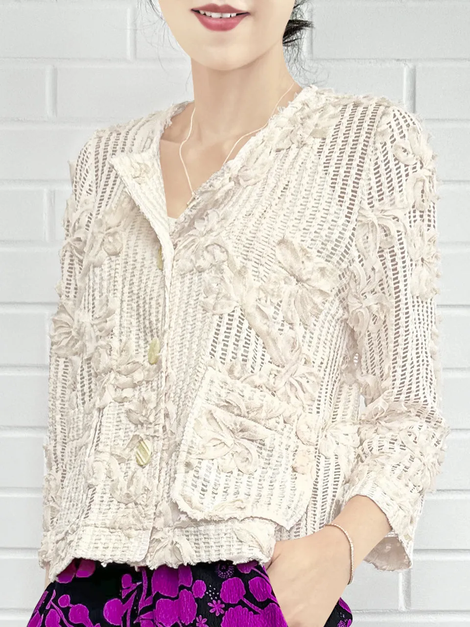 Ivory Flower Motif Knitted Square Lace Slim Fit Jacket