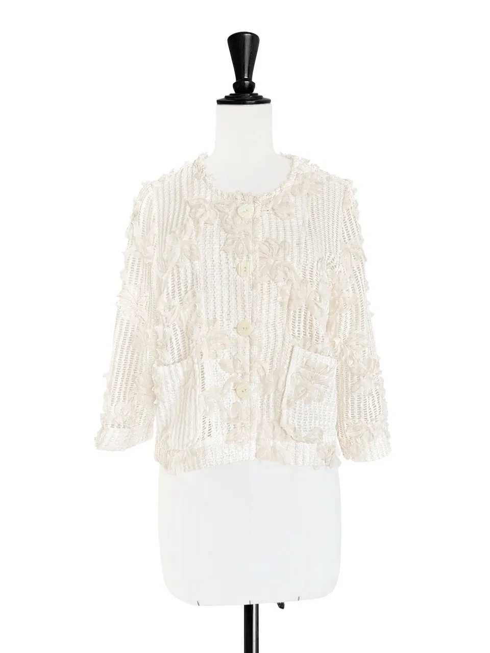 Ivory Flower Motif Knitted Square Lace Slim Fit Jacket