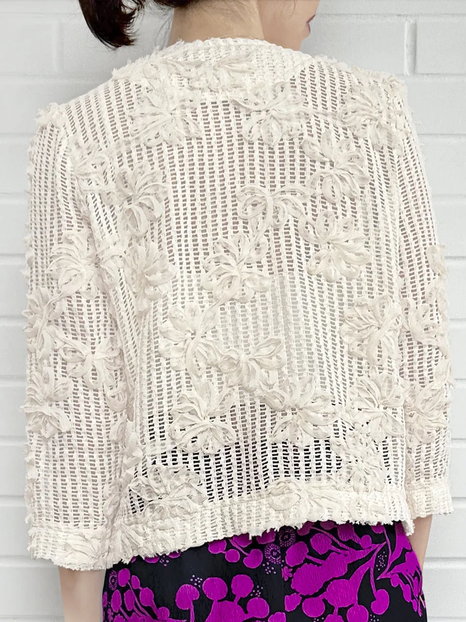 Ivory Flower Motif Knitted Square Lace Slim Fit Jacket