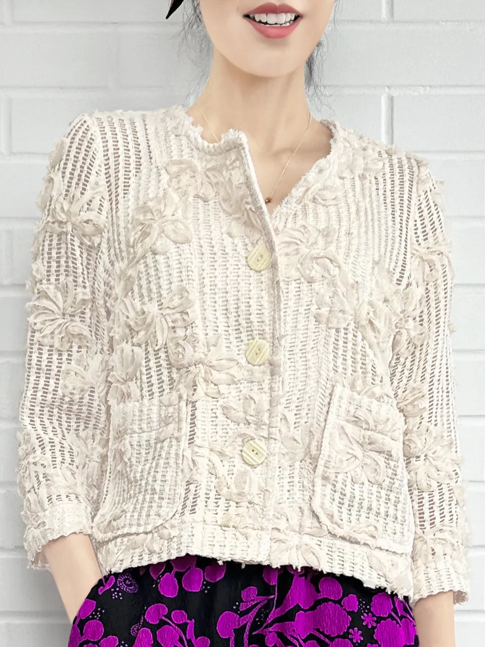 Ivory Flower Motif Knitted Square Lace Slim Fit Jacket