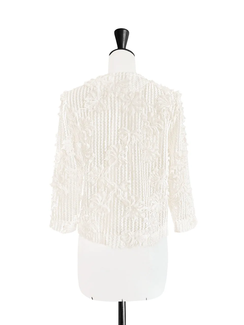 Ivory Flower Motif Knitted Square Lace Slim Fit Jacket