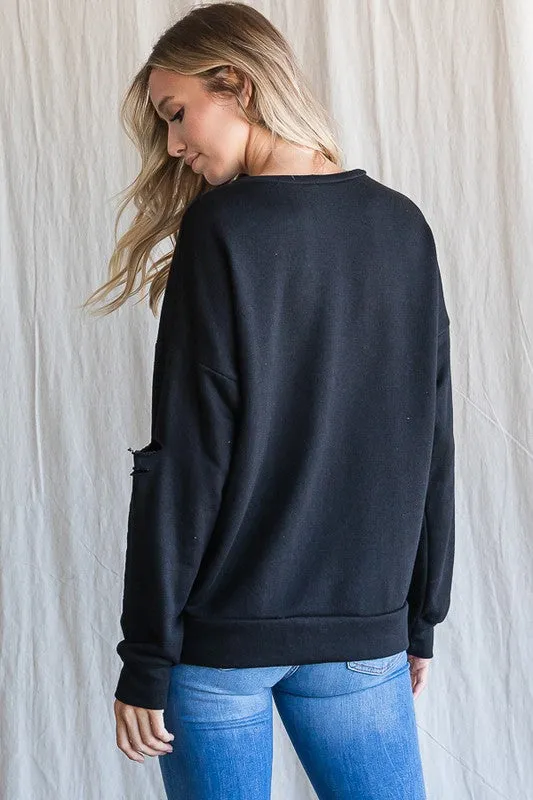 Knit Pullover Sweatshirt with Distressed Details