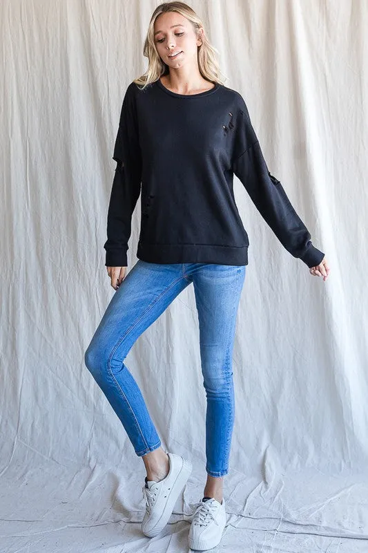 Knit Pullover Sweatshirt with Distressed Details