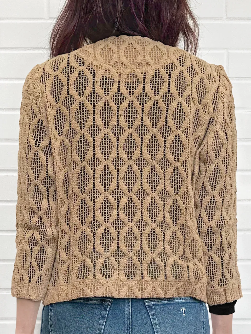 Last Chance! Chestnut Embossed Aran Knitted Square Lace Slim Fit Jacket