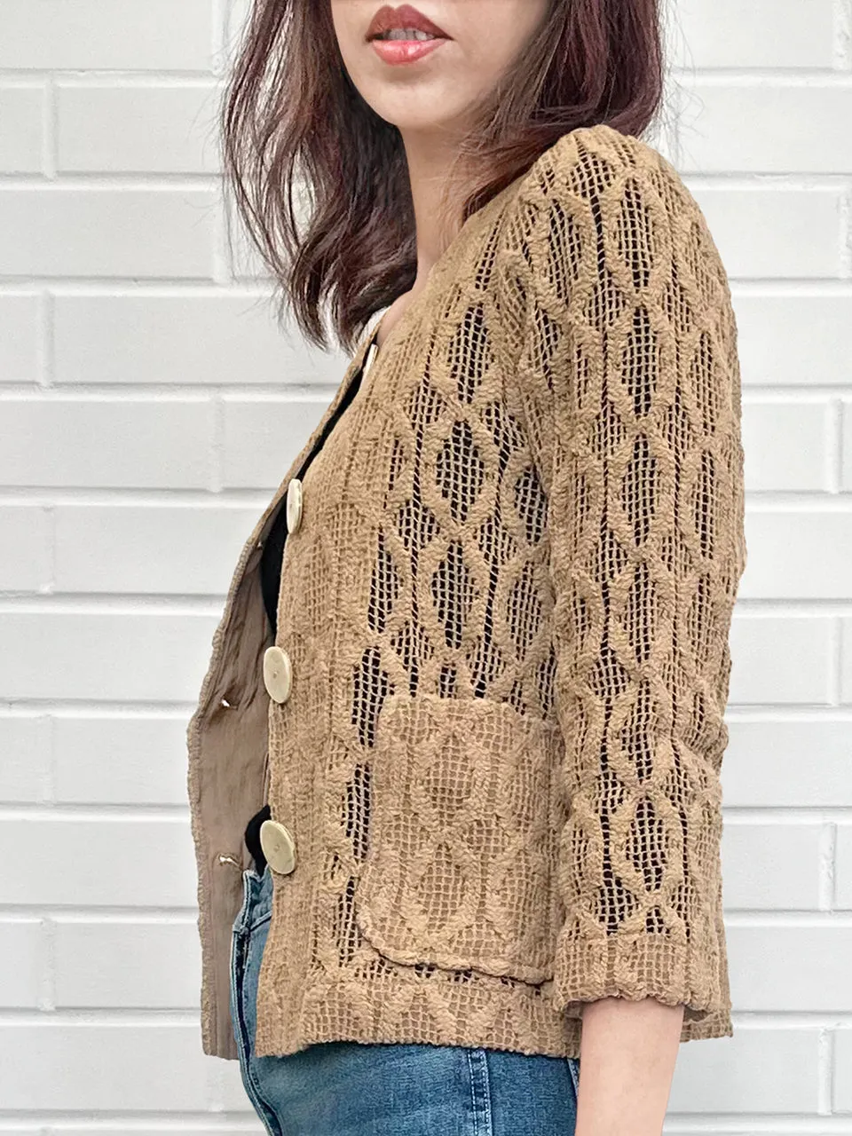 Last Chance! Chestnut Embossed Aran Knitted Square Lace Slim Fit Jacket