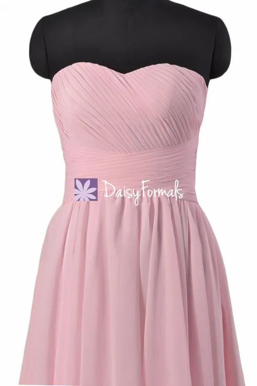 Light Pink Strapless Bridal Party Dress Sweetheart Chiffon Dress Handmade (BM182)