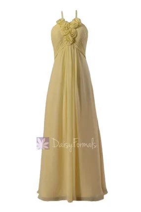 Light Yellow Long Halter Chiffon Evening Dress Bridesmaid Dress w/ Flowers(BM325L)