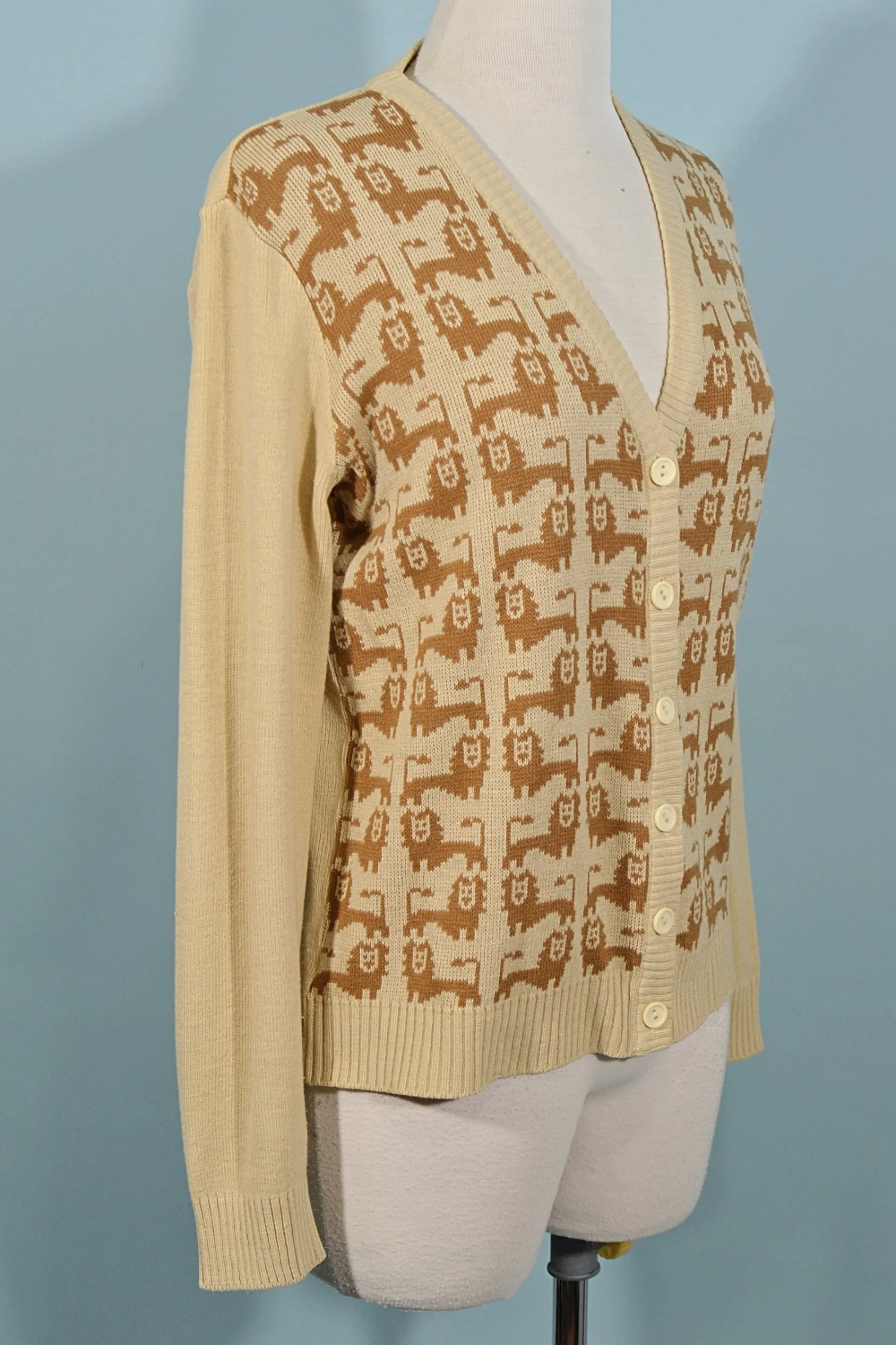 Lion V Neck Cardigan Sweater, Novelty Print