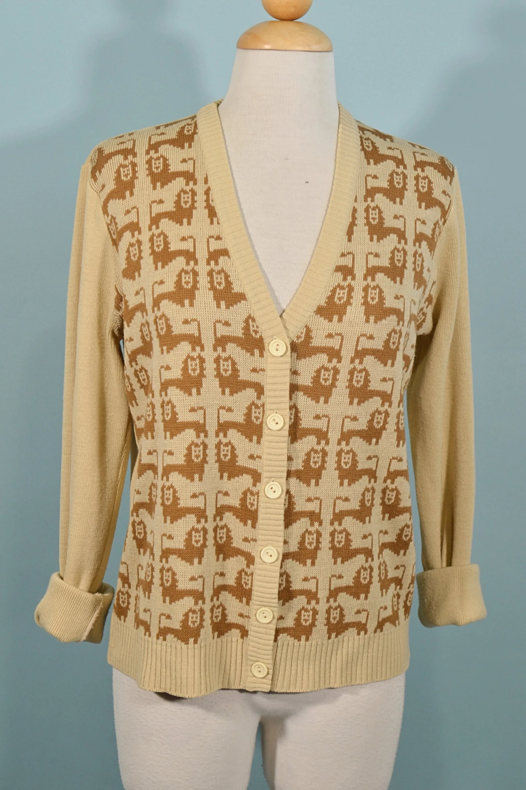 Lion V Neck Cardigan Sweater, Novelty Print