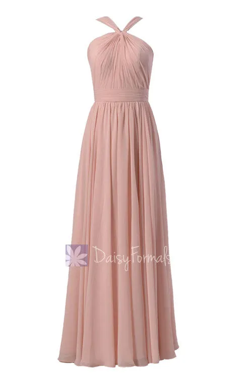 Long Chiffon Bridesmaid Dress Linen Bridal Party Dress W/Straps(BM5195L)