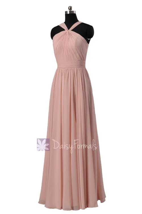 Long Chiffon Bridesmaid Dress Linen Bridal Party Dress W/Straps(BM5195L)