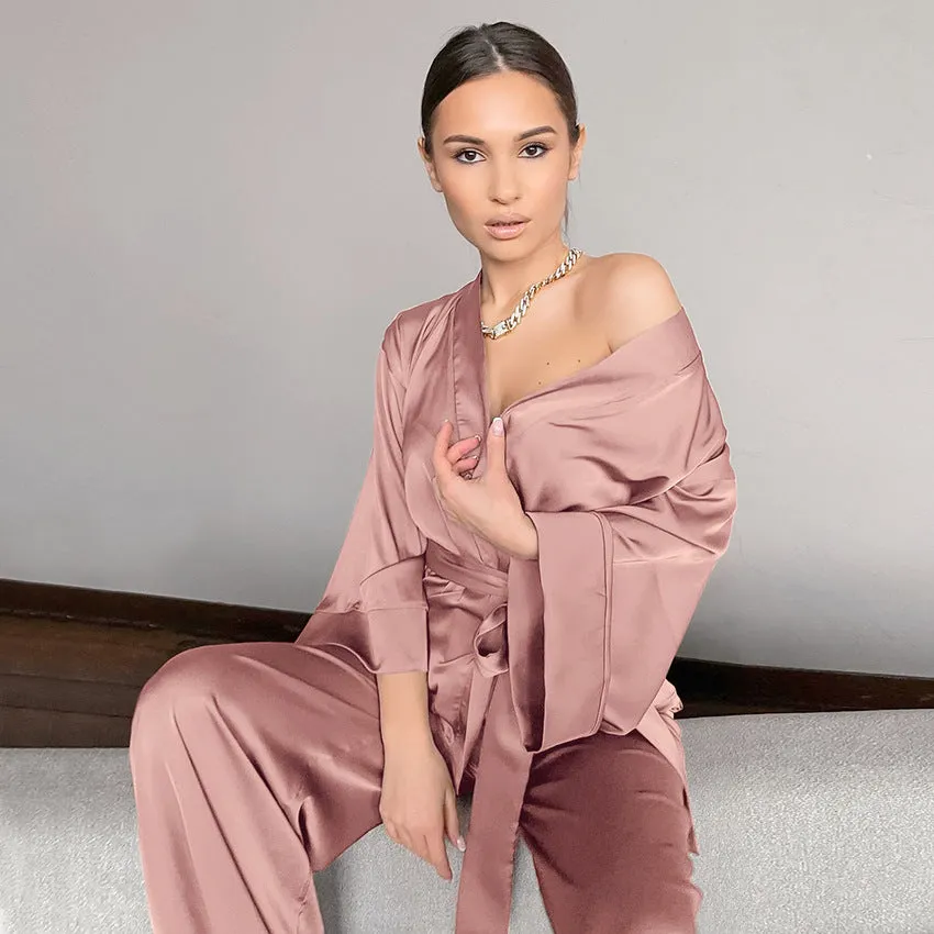 Long Sleeve Oversized Silk Sleepwear Pajama Robe Set for Women