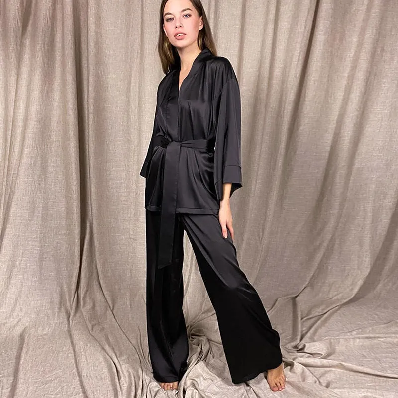 Long Sleeve Oversized Silk Sleepwear Pajama Robe Set for Women