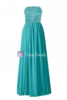 Long Turquoise Lace Strapless Party Dress Cyan Lace Bridesmaids Dress (BM1340L)