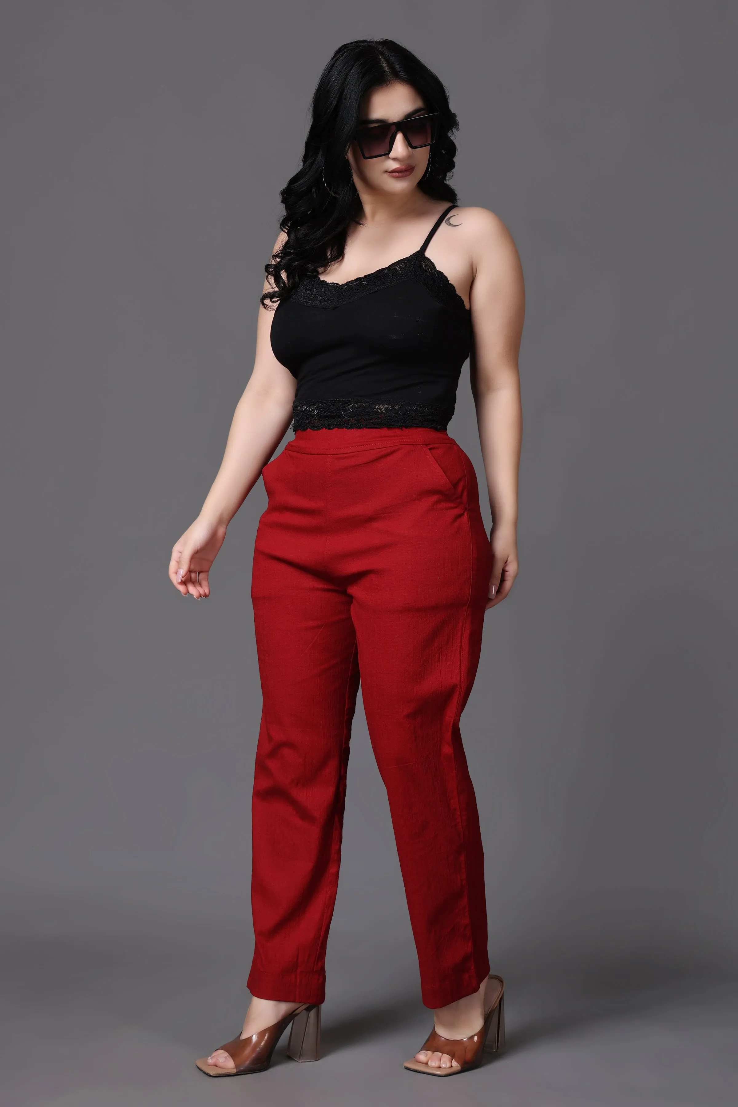 Maroon Lycra Slub Pants